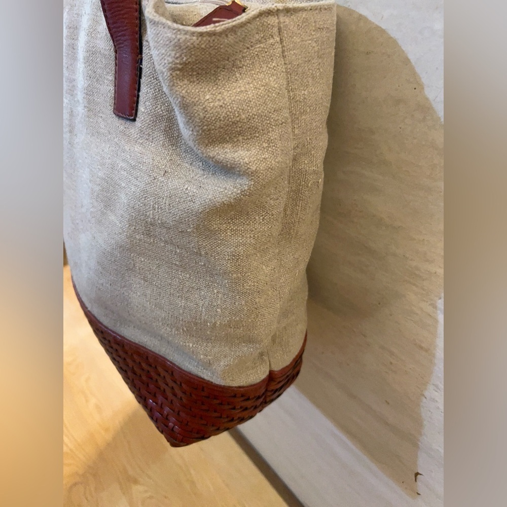 Talbots Linen and Woven Leather Tote Bag. - Picture 5 of 14